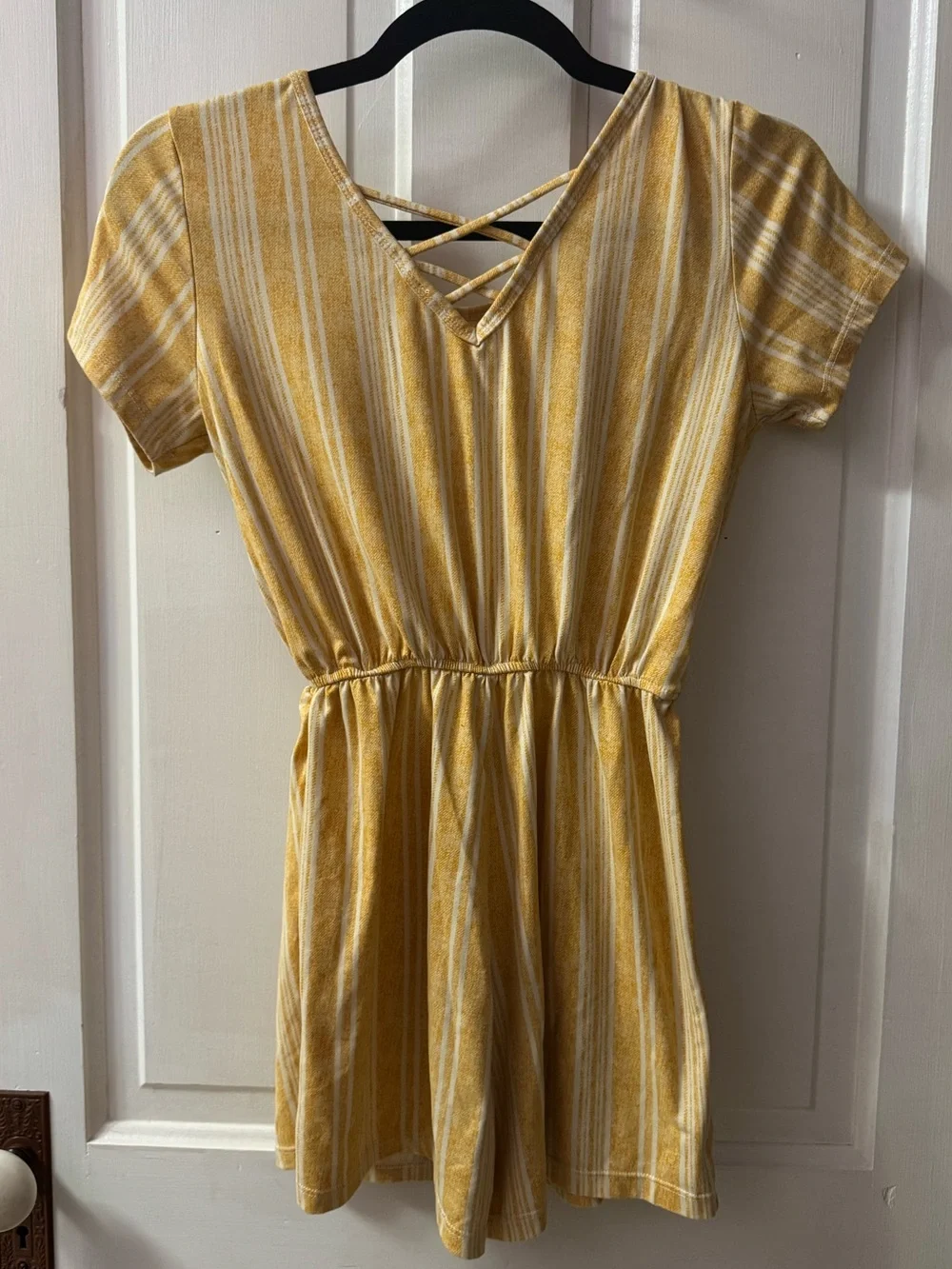 Love Yellow and White Striped Short-Sleeve One-Piece Romper